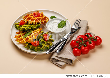 Vegan spinach waffles top view 138130788