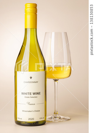 White wine bottle mockup with glass 138130853