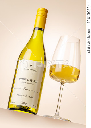 White wine bottle mockup with glass 138130854