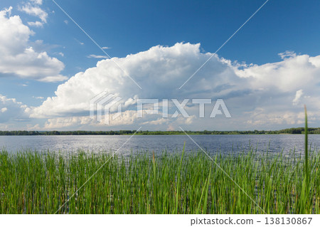 Sunny summer landscape with river and field 138130867