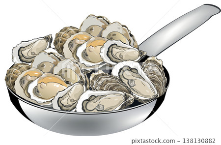 Fresh oysters cooking in a stainless steel pan Fresh oysters cooking in a stainless steel pan 138130882