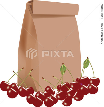 Freshly picked cherries spilling from brown paper bag 138130887