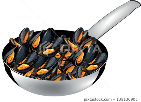 Steaming mussels cooking in a wok pan, ready to be served 138130903