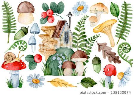 set of autumn watercolor elements. a cute house, mushrooms, and leaves. set of autumn watercolor elements. a cute house, mushrooms, and leaves. 138130974