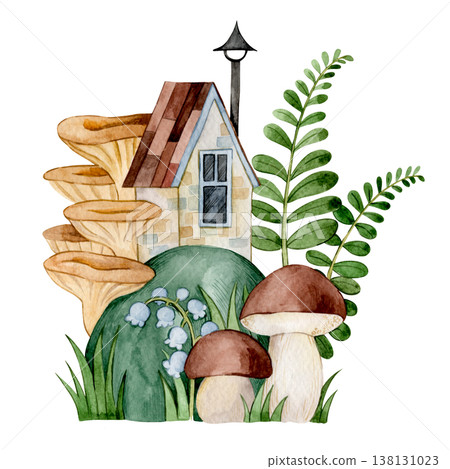 Cute watercolor illustration. Forest house. Fairytale drawing for children. 138131023