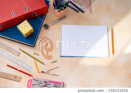 Open Blank Sketchbook with Professional Drawing Tools Geometry Compasses 138131038