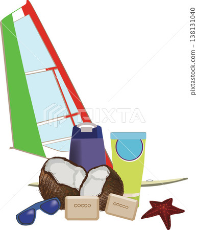 Windsurf sail, coconut oil and sunscreen illustrating summer holidays concept Windsurf sail, coconut oil and sunscreen illustrating summer holidays concept 138131040