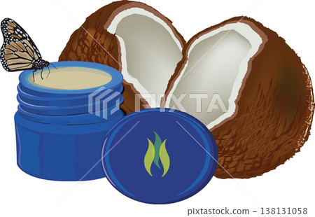 Open jar of coconut cream surrounded by coconut halves and a butterfly 138131058