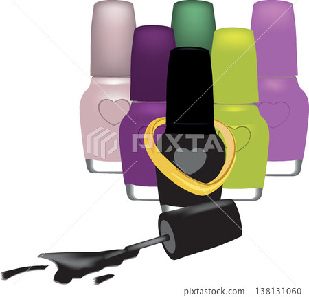 Black nail polish spilling out of the bottle surrounded by colorful bottles Black nail polish spilling out of the bottle surrounded by colorful bottles 138131060