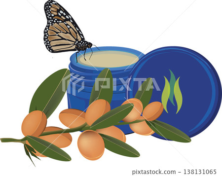 Monarch butterfly tasting organic argan cream from a blue jar Monarch butterfly tasting organic argan cream from a blue jar 138131065