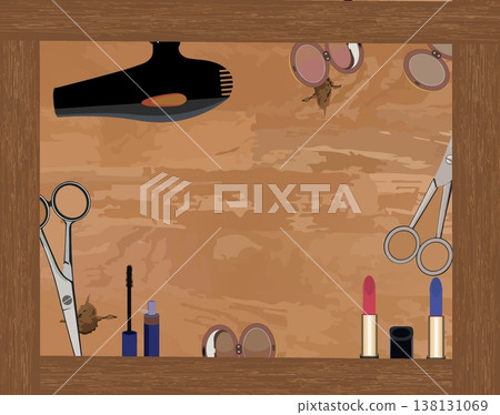 Hairdressing supplies forming a frame on wooden shelf background Hairdressing supplies forming a frame on wooden shelf background 138131069