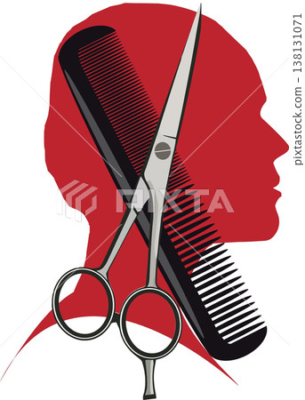 Hairdressing scissors and comb over red human head silhouette Hairdressing scissors and comb over red human head silhouette 138131071