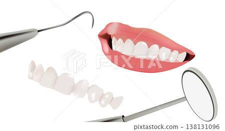 Female lips with white teeth and dentist equipment- 138131096