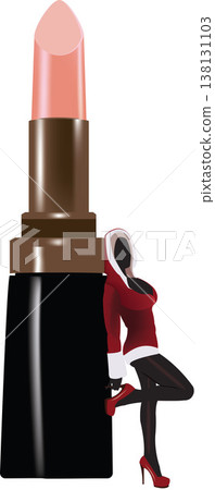 Fashion icon in red leaning against giant lipstick 138131103