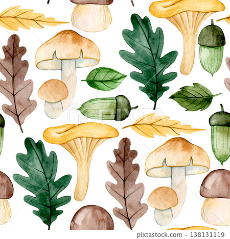 Seamless pattern with autumn leaves, mushrooms and acorns. Watercolor print. Seamless pattern with autumn leaves, mushrooms and acorns. Watercolor print. 138131119