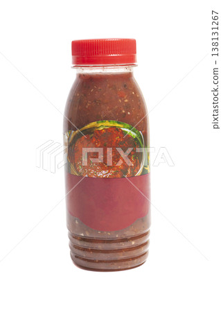 hot sauce in plastic bottle isolated on white background 138131267