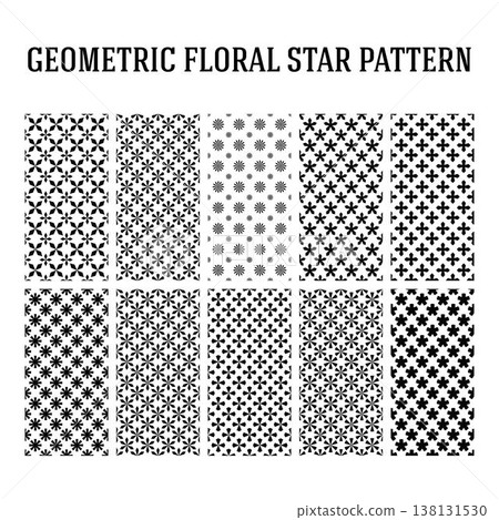 Geometric Floral Star Pattern Set, Bold Seamless Snowflake Asterisk Pinwheel Repeat Background, Monochrome Tile Print Surface Pattern Design 138131530