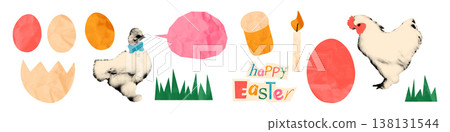 Easter halftone collage elements set. Cut out of crumpled paper chicken and chick, eggs and grass. Funny modern retro vector illustration with doodles, for spring mixed media design and scrapbook Easter halftone collage elements set. Cut out of crumpled paper chicken and chick, eggs and grass. Funny modern retro vector illustration with doodles, for spring mixed media design and scrapbook 138131544