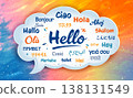 Colorful Hello in many languages speech bubble representing global diversity and communication 138131549