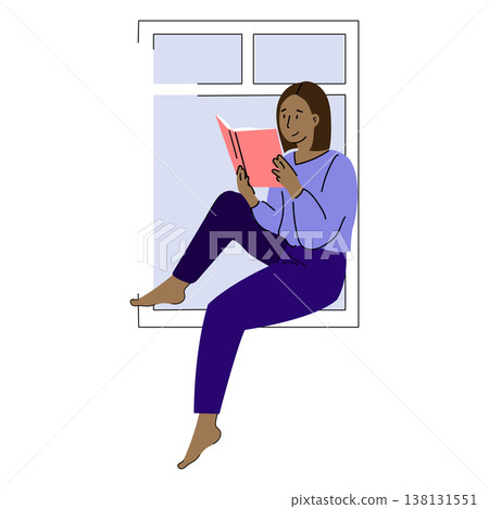 An illustration of a young woman sitting on a windowsill and reading a book. An illustration of a young woman sitting on a windowsill and reading a book. 138131551