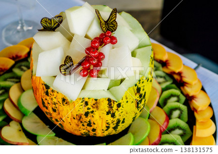 Melon Bowl Filled With Fresh Fruit Slices Hollowed Melon Used As Bowl Containing Honeydew Cubes . Melon Bowl Filled With Fresh Fruit Slices Hollowed Melon Used As Bowl Containing Honeydew Cubes . 138131575