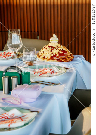 Plate Of Pasta With Herb Garnish And Rich Sauce, Rustic Presentation On Patterned Plate, Nearby . Plate Of Pasta With Herb Garnish And Rich Sauce, Rustic Presentation On Patterned Plate, Nearby . 138131587