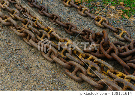Tangled Heavy Chains Sprawled Across Gravel And Soil, Overlapping Loops Creating Chaotic Pattern, . 138131614