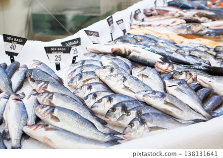 Dorado and sea bass fish in store 138131641