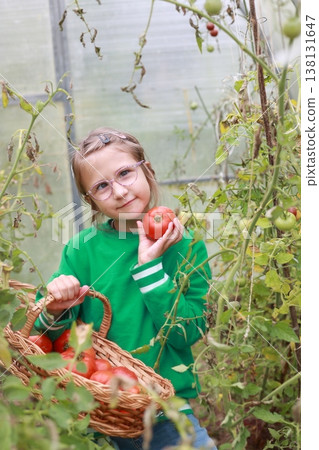 A girl in glasses holds a wicker basket with tomatoes. The girl is dressed in a green sweater 138131647