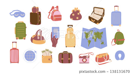 Travel Essentials Set. Luggage Passport Map Camera Travel Essentials Set. Luggage Passport Map Camera 138131670