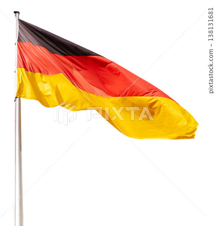 The flag of Germany displays its black, red, and yellow colors. It is cut out and isolated on a clear background with no other objects or people present The flag of Germany displays its black, red, and yellow colors. It is cut out and isolated on a clear background with no other objects or people present 138131681