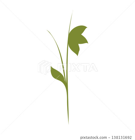 Stylized graphic displays a single green plant stem standing upright on a plain white background. It features two small leaves lower down and a larger leaf form near the top. Stylized graphic displays a single green plant stem standing upright on a plain white background. It features two small leaves lower down and a larger leaf form near the top. 138131692