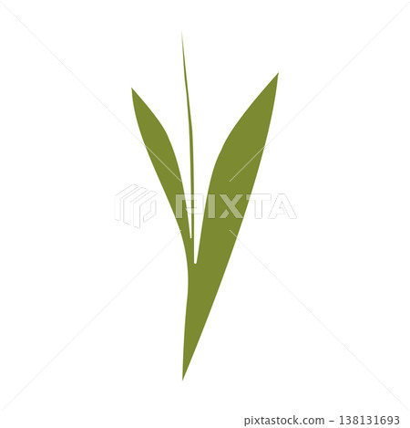 A stylized illustration of a single vibrant green plant stem. Two broad leaves extend from the base, tapering to points. 138131693