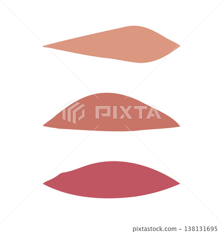 Three distinct lipstick swatches arranged horizontally on a pure white background. Each swatch displays a unique cosmetic hue, ranging from a light nude to a deeper berry tone. Three distinct lipstick swatches arranged horizontally on a pure white background. Each swatch displays a unique cosmetic hue, ranging from a light nude to a deeper berry tone. 138131695