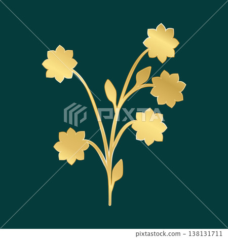 A stylized golden floral design displays a graceful stem with multiple small leaves and five radiant golden flowers. It rests on a solid deep teal background, creating an elegant contrast. A stylized golden floral design displays a graceful stem with multiple small leaves and five radiant golden flowers. It rests on a solid deep teal background, creating an elegant contrast. 138131711