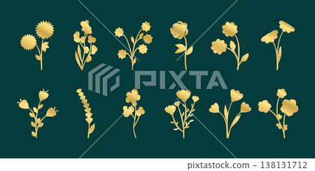Ten distinct golden floral elements are arranged on a deep teal background. Ten distinct golden floral elements are arranged on a deep teal background. 138131712