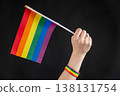 Woman with wedding ring holding rainbow flag on black background.  138131754