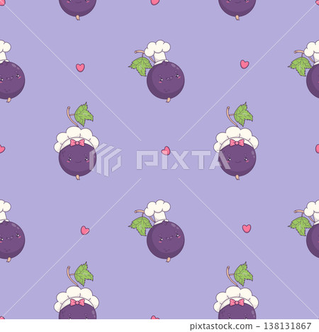 Cute Chef Blackcurrant Seamless Pattern. Kawaii Berry Currant Mascot Man and Girl Character with Cook Hat on Purple Background. Vector Square illustration Cute Chef Blackcurrant Seamless Pattern. Kawaii Berry Currant Mascot Man and Girl Character with Cook Hat on Purple Background. Vector Square illustration 138131867