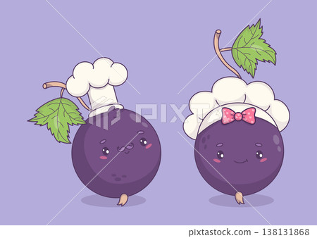 Cute Chef Blackcurrant Couple . Berry Currant Kawaii Cartoon Mascot Man and Girl with Cook Hat. Isolated Funny Character for Kitchen, Menu and Restaurant Design. Vector illustration 138131868