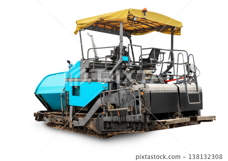 Blue tracked asphalt paver isolated on a white background. Heavy industrial machinery equipment used for road construction, paving, and highway infrastructure projects. Blue tracked asphalt paver isolated on a white background. Heavy industrial machinery equipment used for road construction, paving, and highway infrastructure projects. 138132308