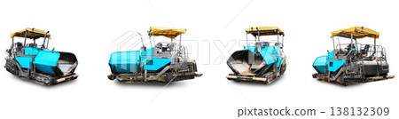 Set of a blue tracked asphalt paver from multiple angles isolated on a white background. Heavy industrial machinery for road construction and paving. Set of a blue tracked asphalt paver from multiple angles isolated on a white background. Heavy industrial machinery for road construction and paving. 138132309