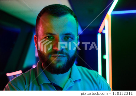 Neon Portrait Of Bearded Man In Colorful Studio Lighting Closeup Headshot With Futuristic Vibe 138132311