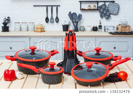 Cookware Collection Showcasing Durable Surfaces And Comfortable Grip In Studio Setting 138132478