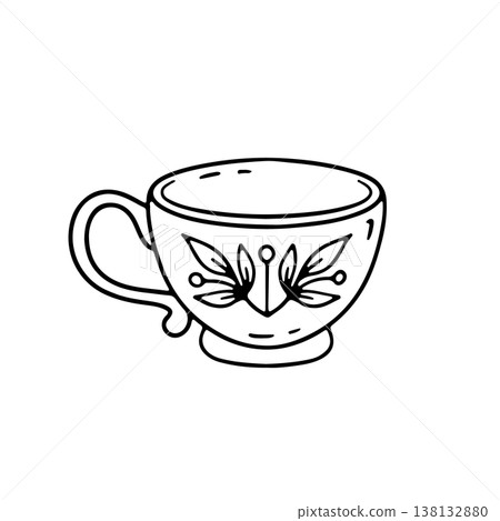 Hand drawn hygge doodle ceramic coffee cup or tea mug icon vector illustration. Cozy home decor clipart Hand drawn hygge doodle ceramic coffee cup or tea mug icon vector illustration. Cozy home decor clipart 138132880