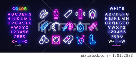 Luminous neon letters with adult accessories icons arranged in a stylish composition. Modern vector collection with alphabet, numbers and glowing elements for creative nightlife design. 138132888