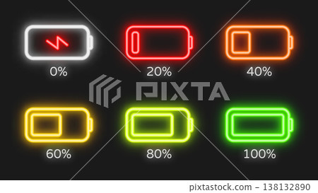 Neon battery level icons from empty to full with percentage marks. Bright electric indicators glowing on dark background. 138132890