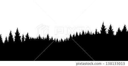 Mountains silhouettes landscape background. Rocky panorama with mountains skyline and pine tree forest. Scenery with slopes, vector cartoon illustration 138133013