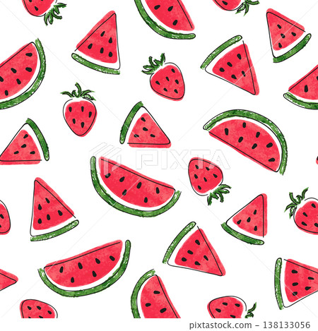 Seamless watermelon and strawberry pattern. Summer watercolor berry print Seamless watermelon and strawberry pattern. Summer watercolor berry print 138133056