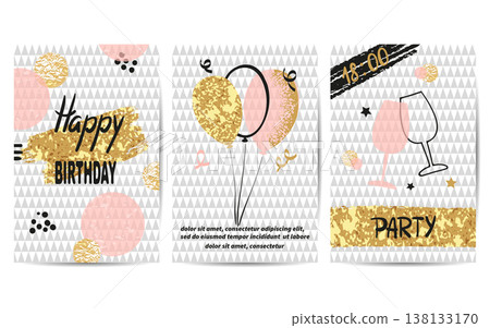 Happy Birthday cards set. Celebration vector illustrations with wine glasses and balloons 138133170