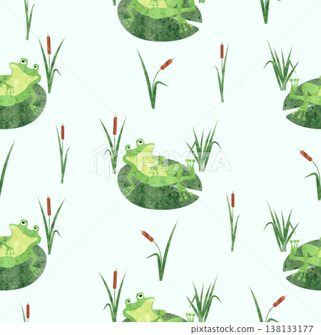 Funny frog pattern. Seamless vector marsh background with toad on lily pad Funny frog pattern. Seamless vector marsh background with toad on lily pad 138133177